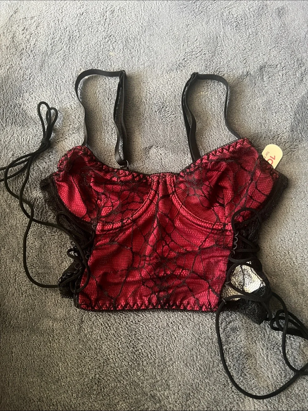 Shein Romwe Red and black goth spider web print lace-up top XS - Picture 1 of 7
